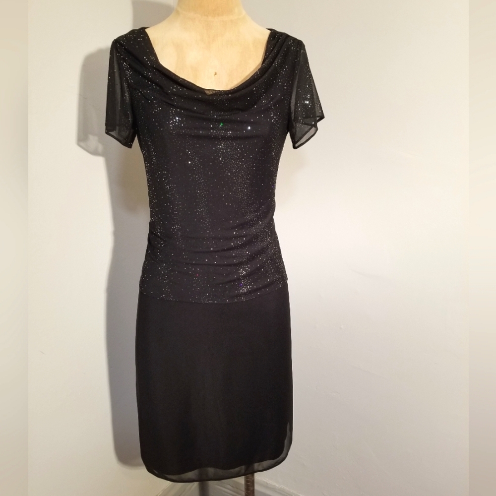 KARIN STEVENS DRESS VINTAGE 80S SILVER SPARKLE LBD FORMAL SHEER WEDDING 90S VTG